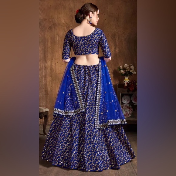Raw Silk Engagement Lehenga in Royal Blue with Embroidered work - Picture 2 of 2